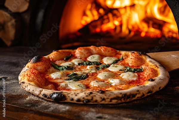 Obraz Margherita pizza fresh from a wood-fired oven.