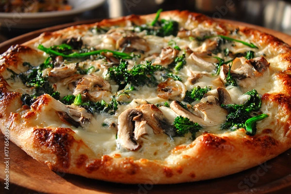 Fototapeta White pizza with mushrooms and broccoli.