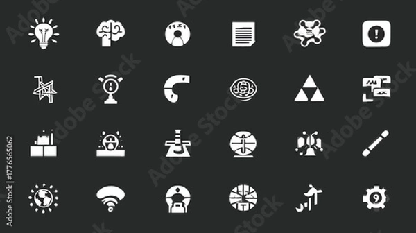 Fototapeta Collection of various white icons representing different concepts and ideas on a dark background.