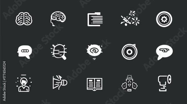 Fototapeta Collection of White Icons Representing Brain, Document, Settings, Chat, Search, and Other Concepts on a Dark Background.