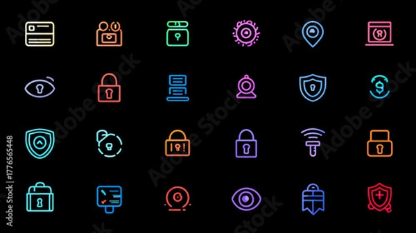Fototapeta Neon security icons on black background representing digital safety.