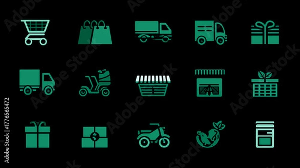 Fototapeta Online Shopping and Delivery Icons Set in Green Neon Style.