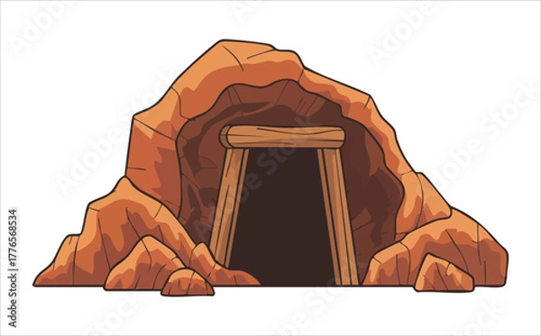 Obraz cartoon mine entrance with wooden beams and tracks vector art isolated on white background