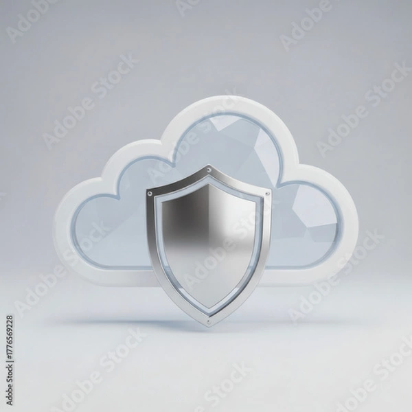 Fototapeta Cloud computing security concept with a glass cloud icon protected by a metal shield, symbolizing data protection, network security, and secure hosting on a white background.
