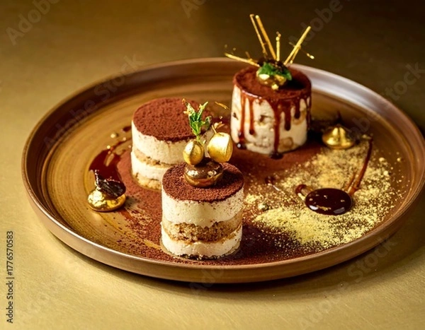 Obraz Gourmet dessert arrangement with chocolate drizzle and decorative elements