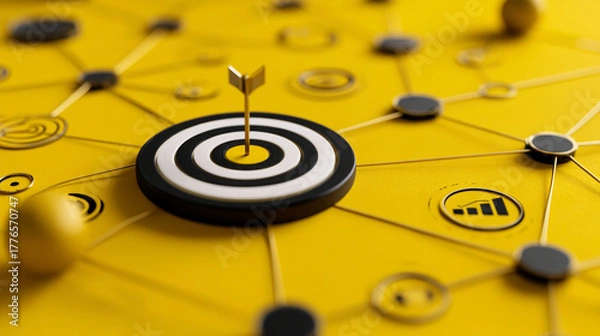 Fototapeta A yellow surface with a target and arrow connected to nodes with icons and spheres