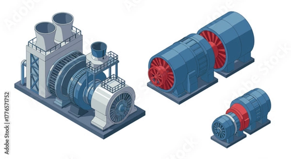 Fototapeta Isometric industrial turbines and generators on white background