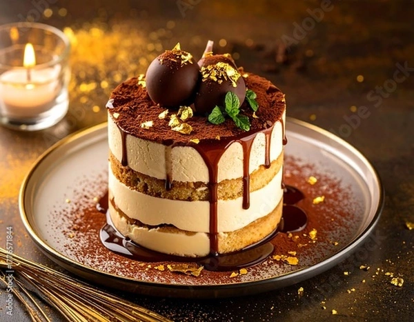 Obraz Delicious layered dessert with chocolate spheres and dripping sauce on a plate