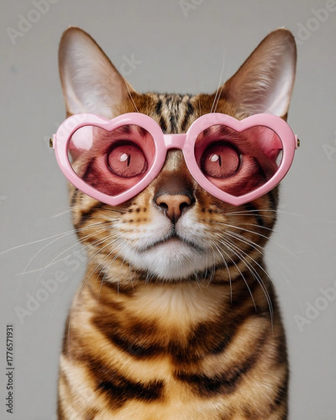 Fototapeta Cute cat wearing heart-shaped sunglasses poses against a neutral background for a fun and stylish look