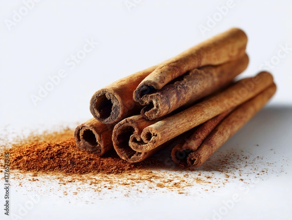 Fototapeta Aromatic cinnamon sticks and powder showcasing natural spice for cooking and baking