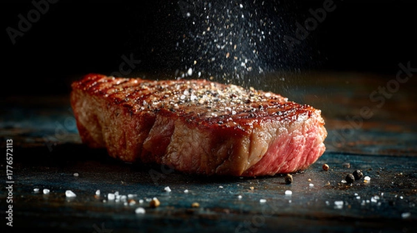 Fototapeta Cook seasoning a raw steak with coarse salt on a dark wooden surface, dramatic lighting emphasizing the texture of meat and falling salt grains.
