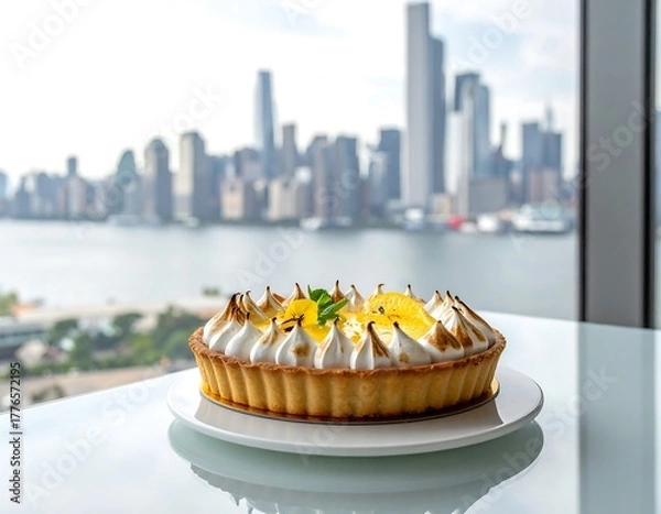 Obraz Delicious lemon tart on a white plate with city skyline background
