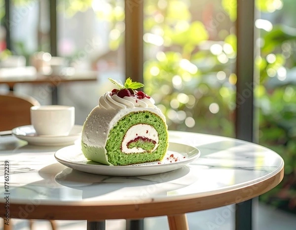 Obraz Delicious matcha cake roll with cream and berries on a marble table
