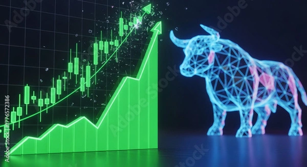 Fototapeta Futuristic bull market concept, with a glowing green stock chart and arrow trending up next to a digital blue polygonal bull, symbolizing financial growth and trading success.