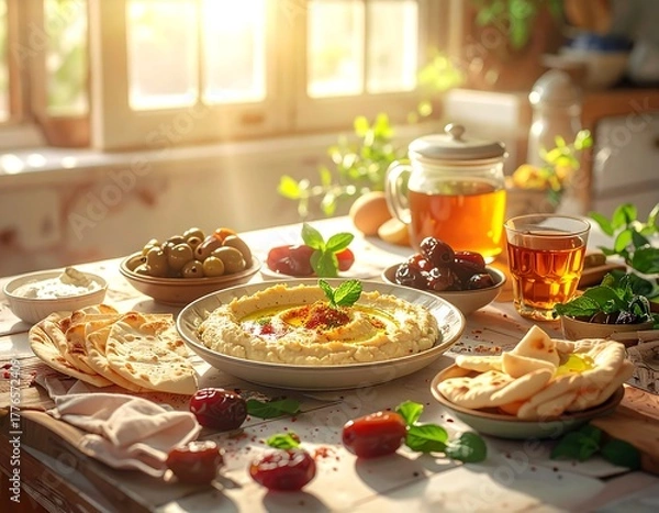 Obraz Delicious middle eastern food displayed on table near window