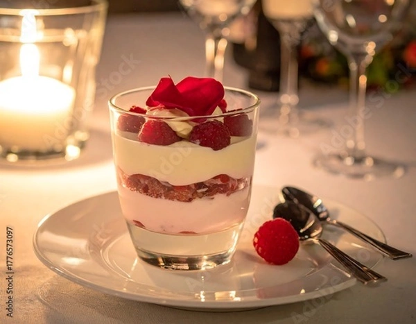 Obraz Elegant dessert parfait with fresh raspberries candlelight ambiance