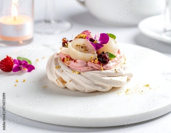 Obraz Elegant dessert pavlova with fruit and cream on white plate