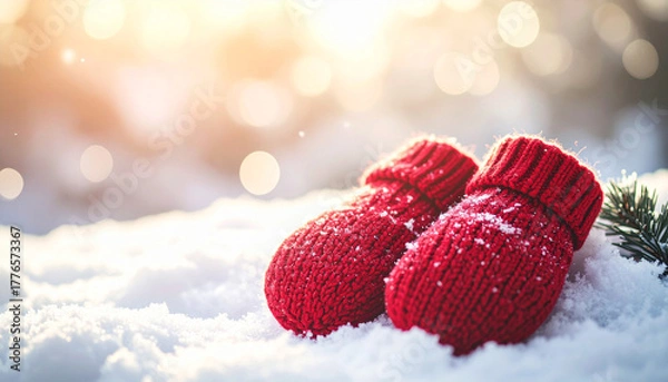 Fototapeta 雪の上に置かれた赤いミトンが冬のぬくもりと朝日のやさしさを感じさせる季節の情景
