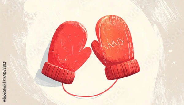 Fototapeta 赤いミトンの手袋が紐でつながれた冬のあたたかさを感じる手描き風イラスト