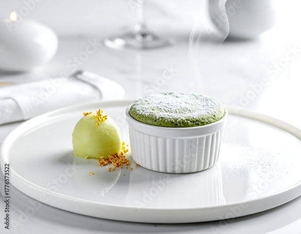 Obraz Elegant green souffle dessert with ice cream on white plate