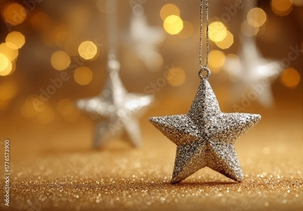 Fototapeta Silver glittering star ornament hanging against a golden bokeh background. Elegant Christmas decoration concept with festive sparkle, light, and warmth, perfect for holiday celebration themes.