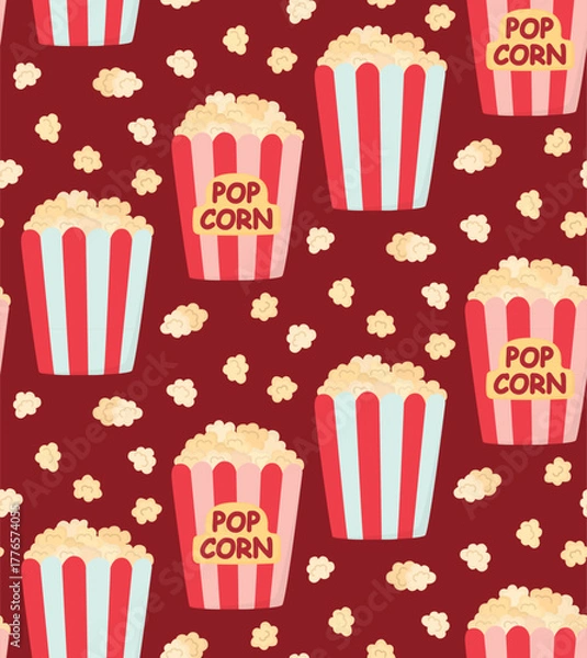 Fototapeta Seamless colorful pattern with popcorn. Background with fast food packaging
