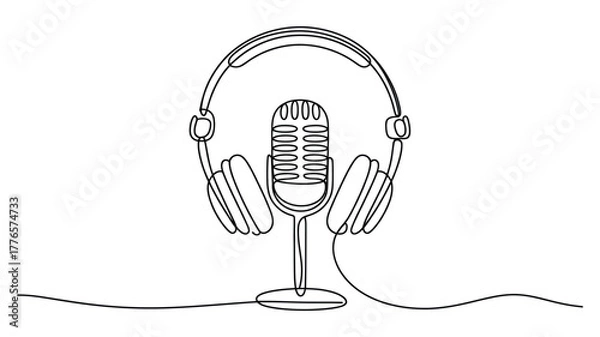 Fototapeta minimalist line drawing of classic microphone with over-ear headphones, continuous contour style ideal for podcast, audio, or media themes