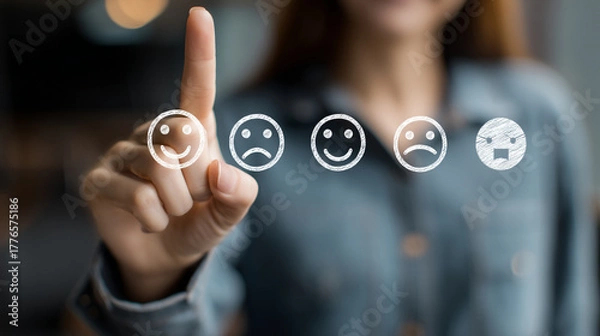 Fototapeta Woman's hand selecting a smiley face on a digital interface with various emotion icons