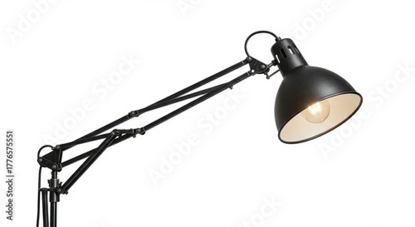 Fototapeta Adjustable architect style floor lamp features a dark metal finish and illuminated bulb