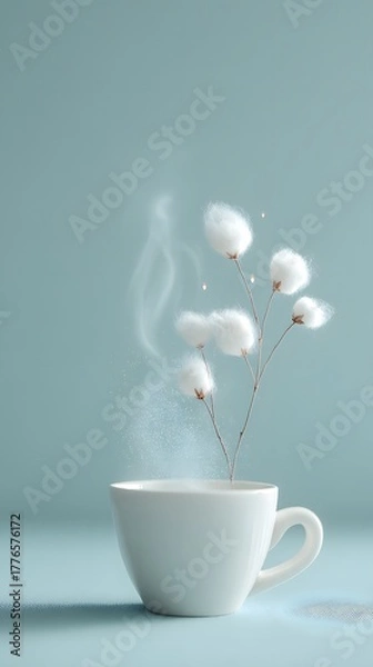 Fototapeta Gentle steam rises from a white teacup as a delicate cotton branch emerges, evoking serene comfort and natural elegance.