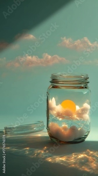 Fototapeta Captivating jar cradles glowing sun and fluffy clouds, inviting dreams and inspiration into your creative projects with ethereal light.