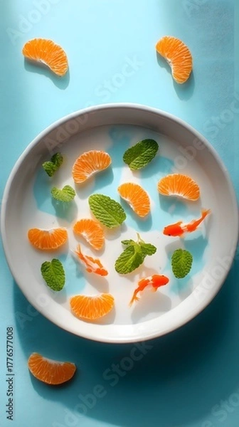Fototapeta Whimsical scene of vibrant goldfish swimming among fresh orange slices and mint leaves in a clean white bowl, evoking summer refreshment and playful creativity.