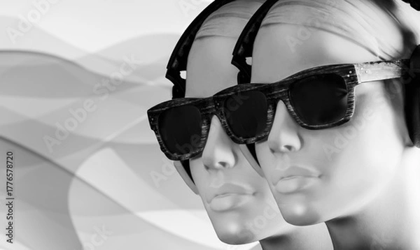 Fototapeta Two mannequin heads wearing headphones and dark sunglasses on an abstract wavy background, representing music, technology, or modern lifestyle