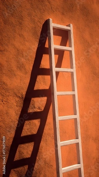 Fototapeta Ascend to new heights with this rustic wooden ladder casting dramatic shadows against a vibrant textured orange wall, symbolizing growth and opportunity.