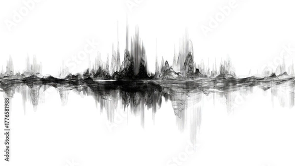 Fototapeta Abstract black waveform pattern with digital distortion lines, futuristic sound frequency visualization, modern audio signal art isolated on white background