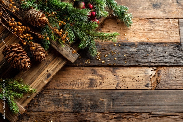 Obraz Christmas background wooden style pine and sparkling