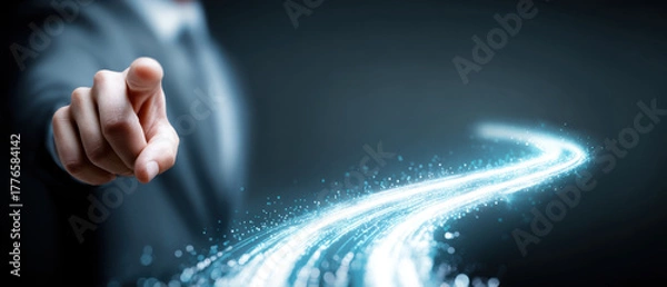 Obraz Businessman pointing finger neon light trail spark motion leadership focus suit futuristic guidance direction success ambition