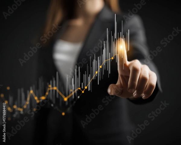 Obraz Businesswoman suit faceless finger touch hologram growth chart profit analytics finance glow optimism