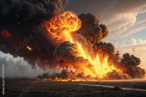 Fototapeta A massive explosion engulfs a field, sending flames and smoke into the sky