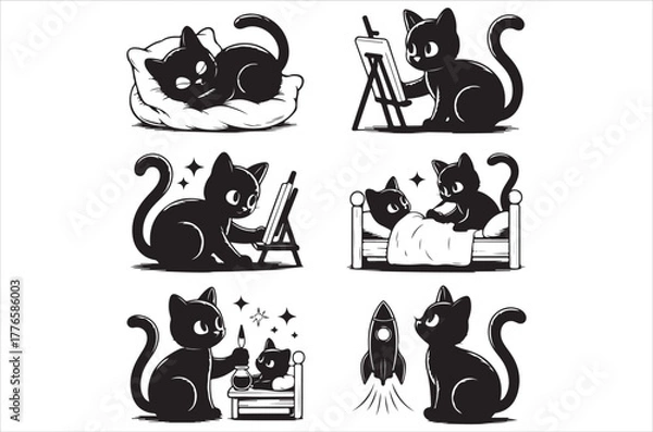 Fototapeta Black cats engaged in various human activities a whimsical illustration style
