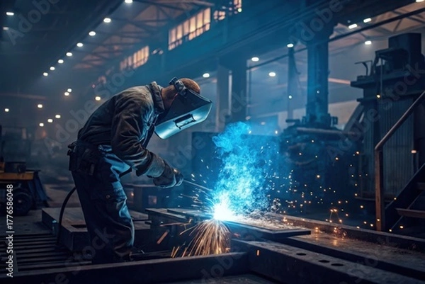 Fototapeta Welder working in a dark industrial setting with sparks flying during the welding process