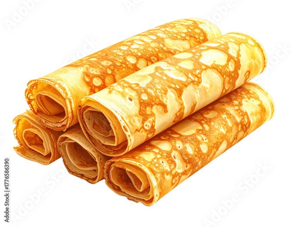 Fototapeta Pile de Crêpes Fines Roulées et Dorées, Vue de Côté, Isolée sur Fond Blanc