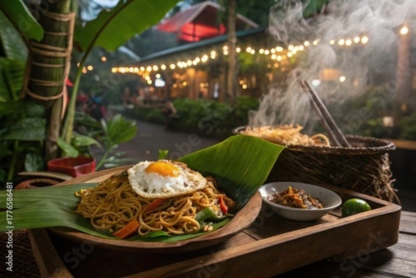Obraz Delicious noodles with fried egg served on banana leaf in a tropical setting