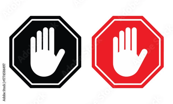 Fototapeta Red stop hand block octagon sign or Adblock or do not enter or forbidden icon.  vector png illustration. vector illustration eps