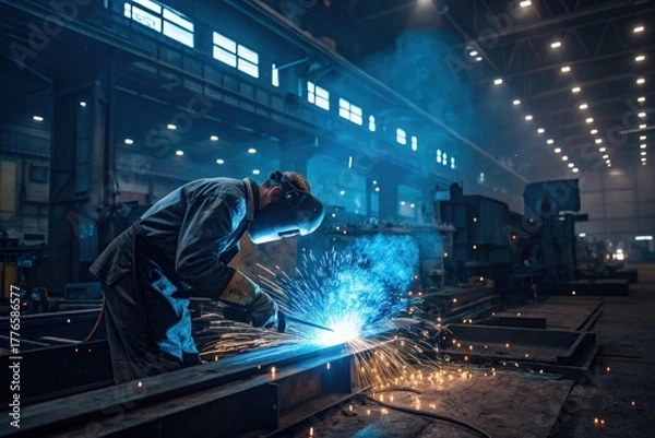 Fototapeta Welder working in a dark industrial setting with sparks and smoke around him