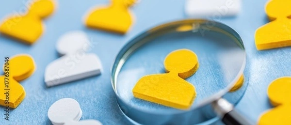 Fototapeta Close up of a yellow human figure puzzle piece viewed through a magnifying glass on a blue background with additional interlocking puzzle pieces