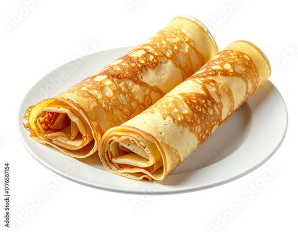 Fototapeta  Trois Crêpes Fines Roulées Alignées sur Assiette Blanche, Style Minimaliste, Isolées sur Fond Blanc