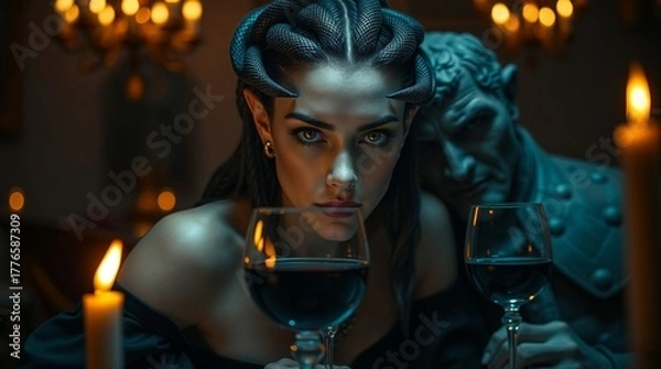 Obraz Portrait of modern Medusa Gorgon with glass of wine and stone man in background at dating party, symbolic illustration of Greek myth "Medusa Gorgon"