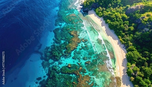 Fototapeta Aerial View Of A Tropical Island Coastline With Lush Green Trees And Crystal Clear Turquoise Water Over Coral Reefs