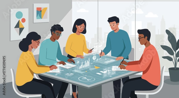 Fototapeta Team Collaborating Around Futuristic Interactive Digital Table.